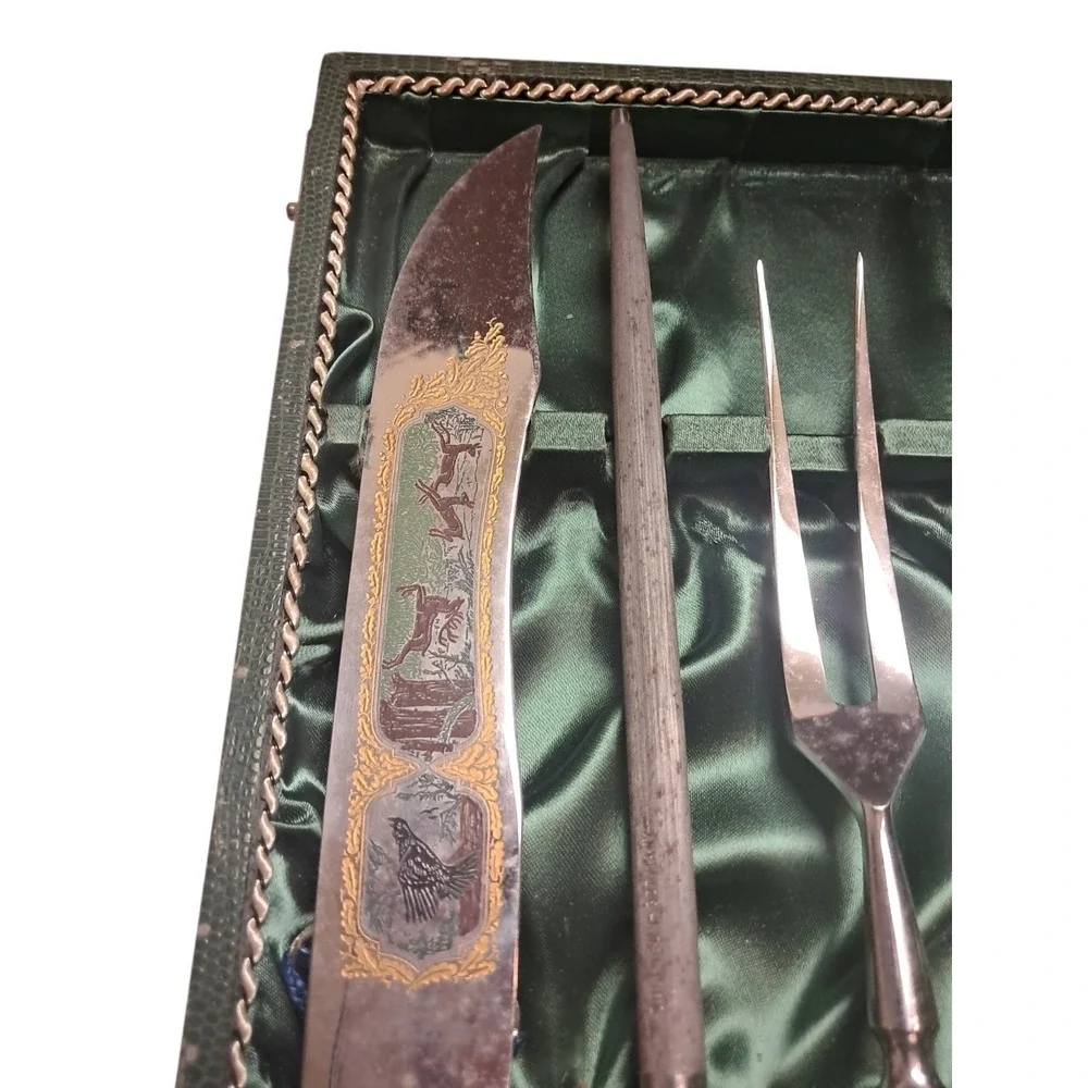 Baron Solingen Germany 5 Pc Carving Set Stag Horn Handles Engraved Blade Box Vtg